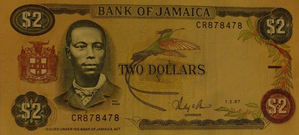 Archived photograph of a Jamaican two-dollar banknote bearing Bank of Jamaica wording
