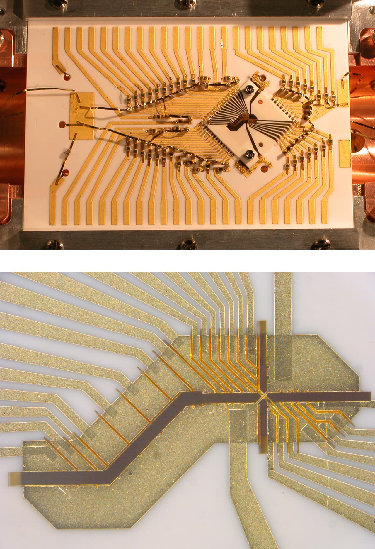 Two research photographs show NIST ion-trap electrodes and a close-up of the X-shaped junction.