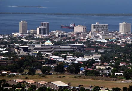Downtown Kingston buildings with the harbour and waterfront towers behind them
