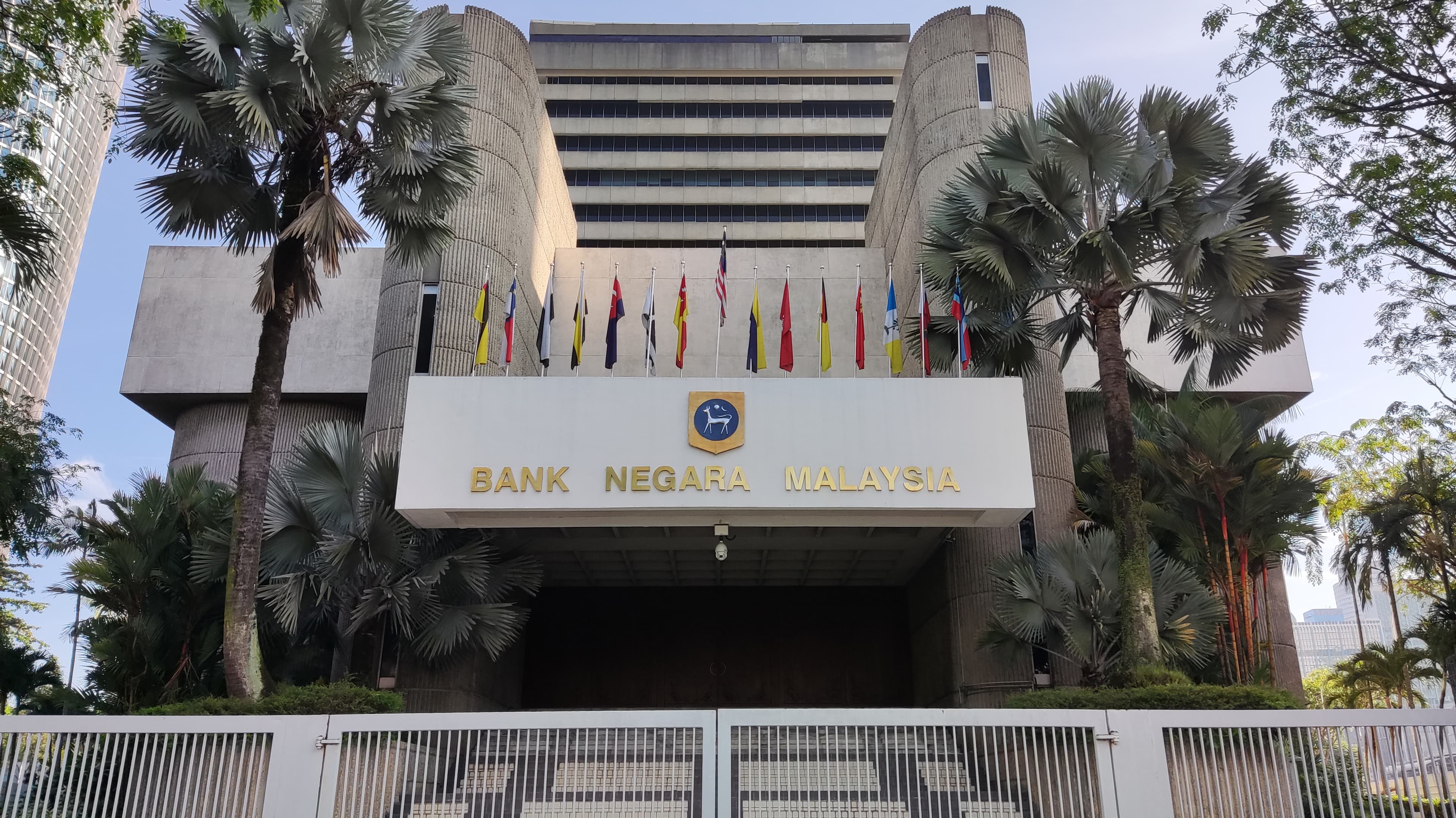 Facade and entrance sign of Bank Negara Malaysia headquarters in Kuala Lumpur