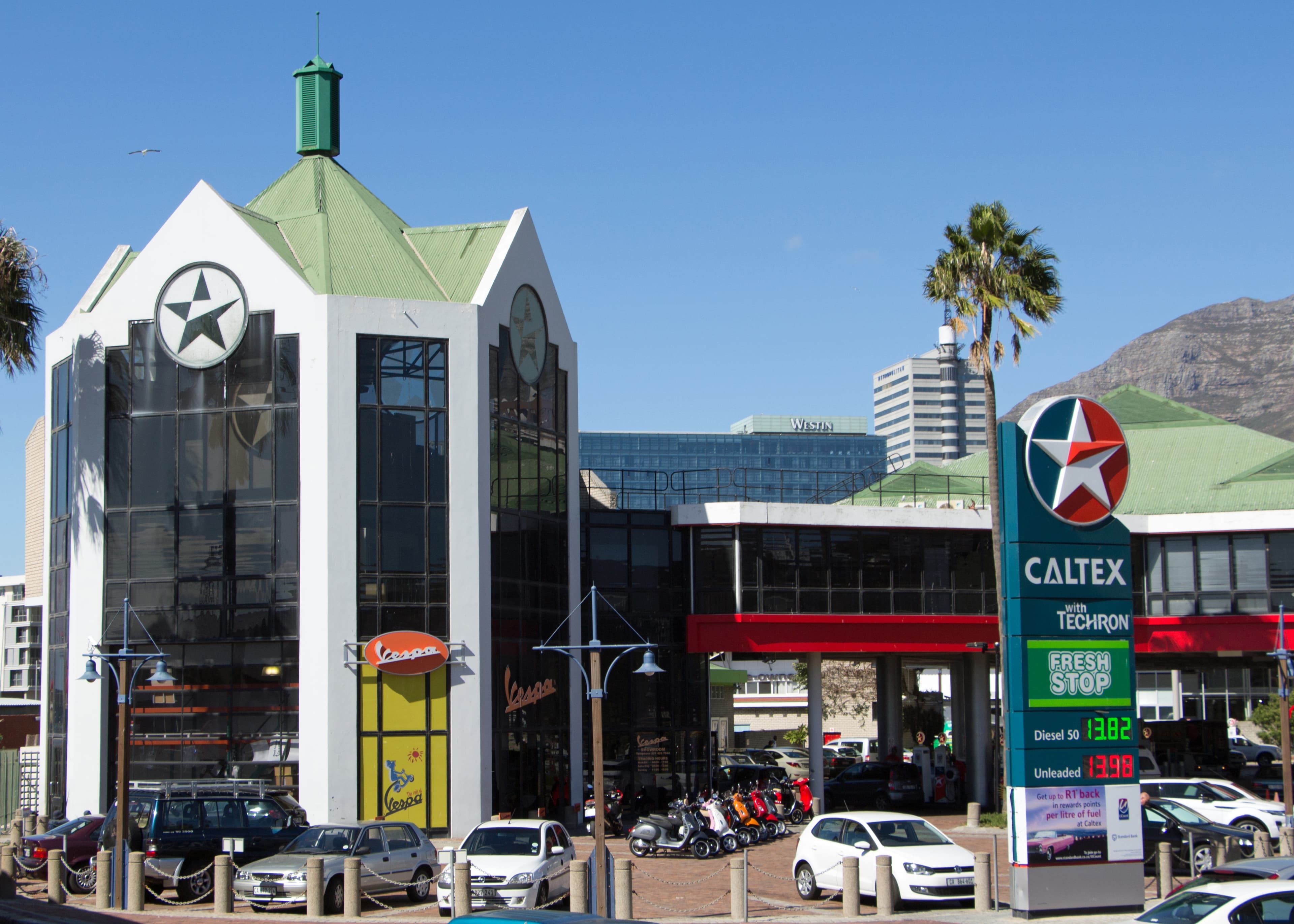 A Caltex petrol station and its price board at Cape Town’s V&A Waterfront.