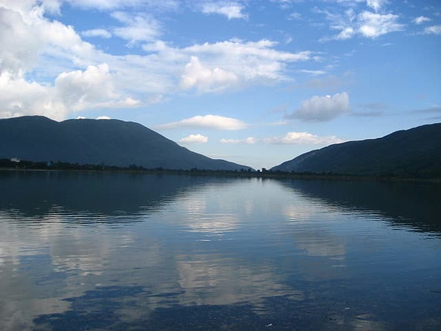 Archived view across Mona Reservoir in Jamaica towards surrounding hills