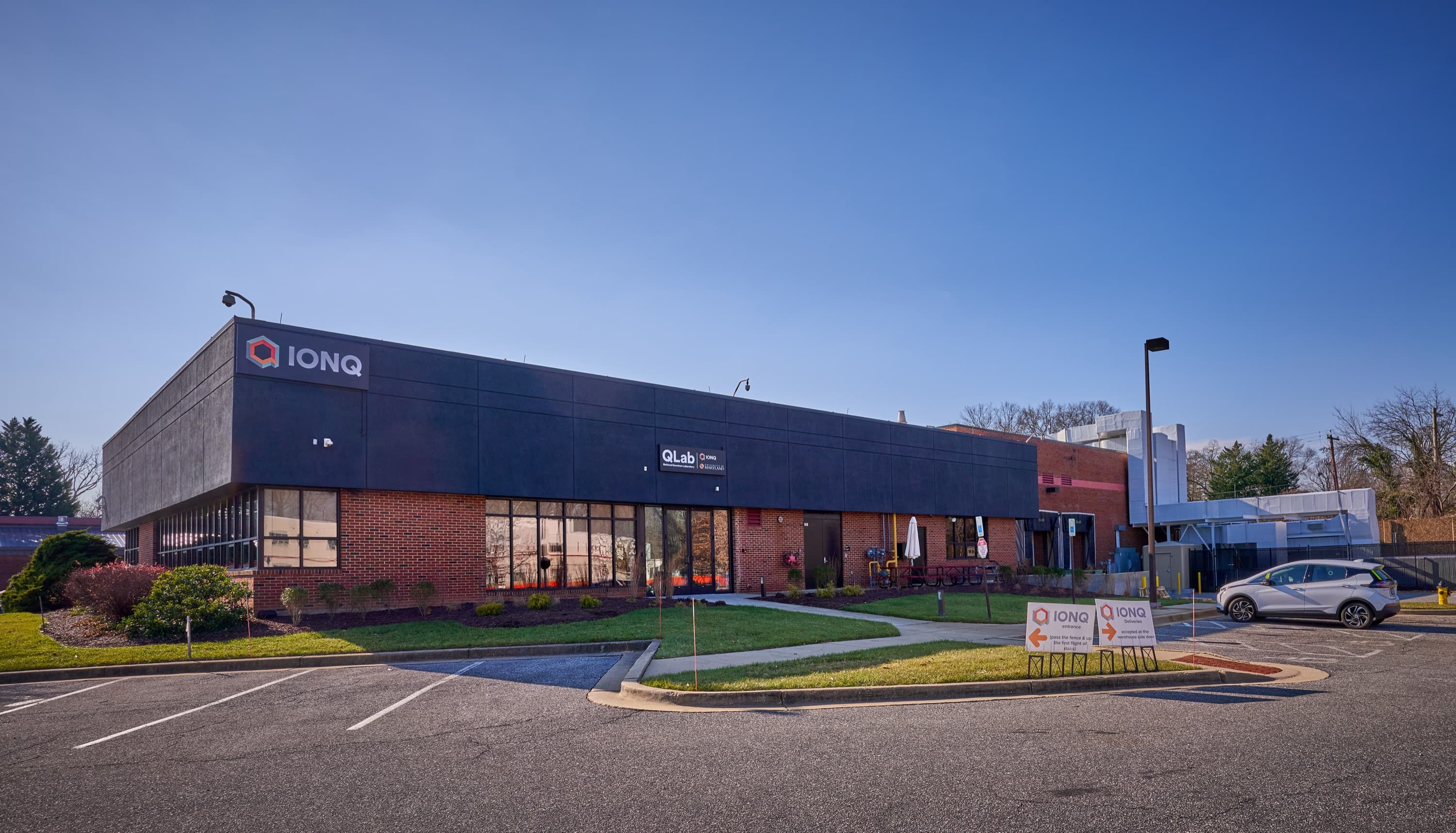 IonQ signage on its headquarters building in College Park, Maryland.