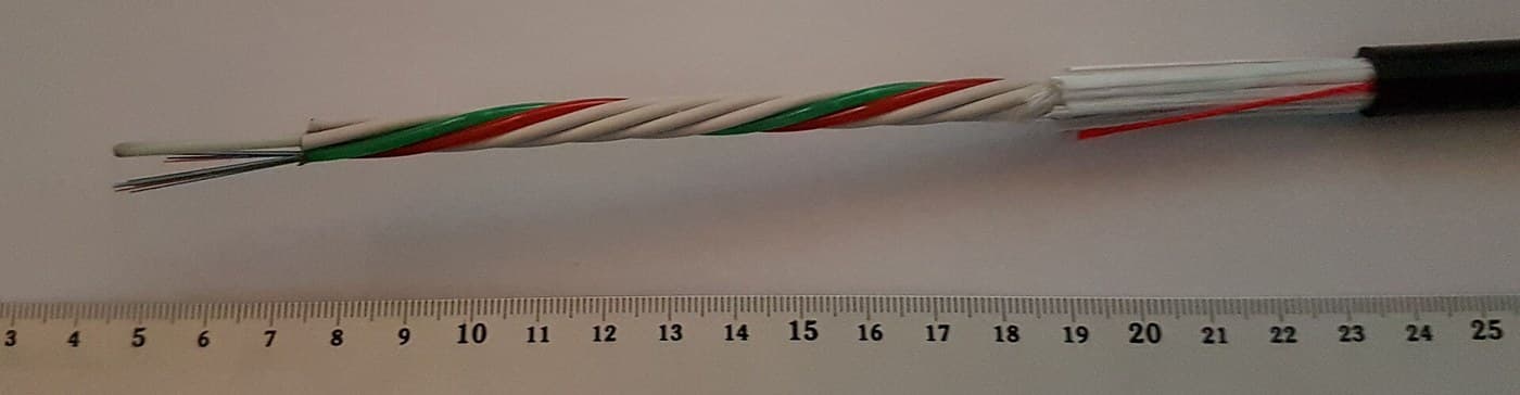 Close-up of a cut optical-fibre cable with coloured cores