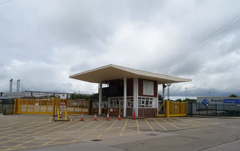 Gatehouse and entrance barriers at the Vauxhall vehicle plant in Ellesmere Port.