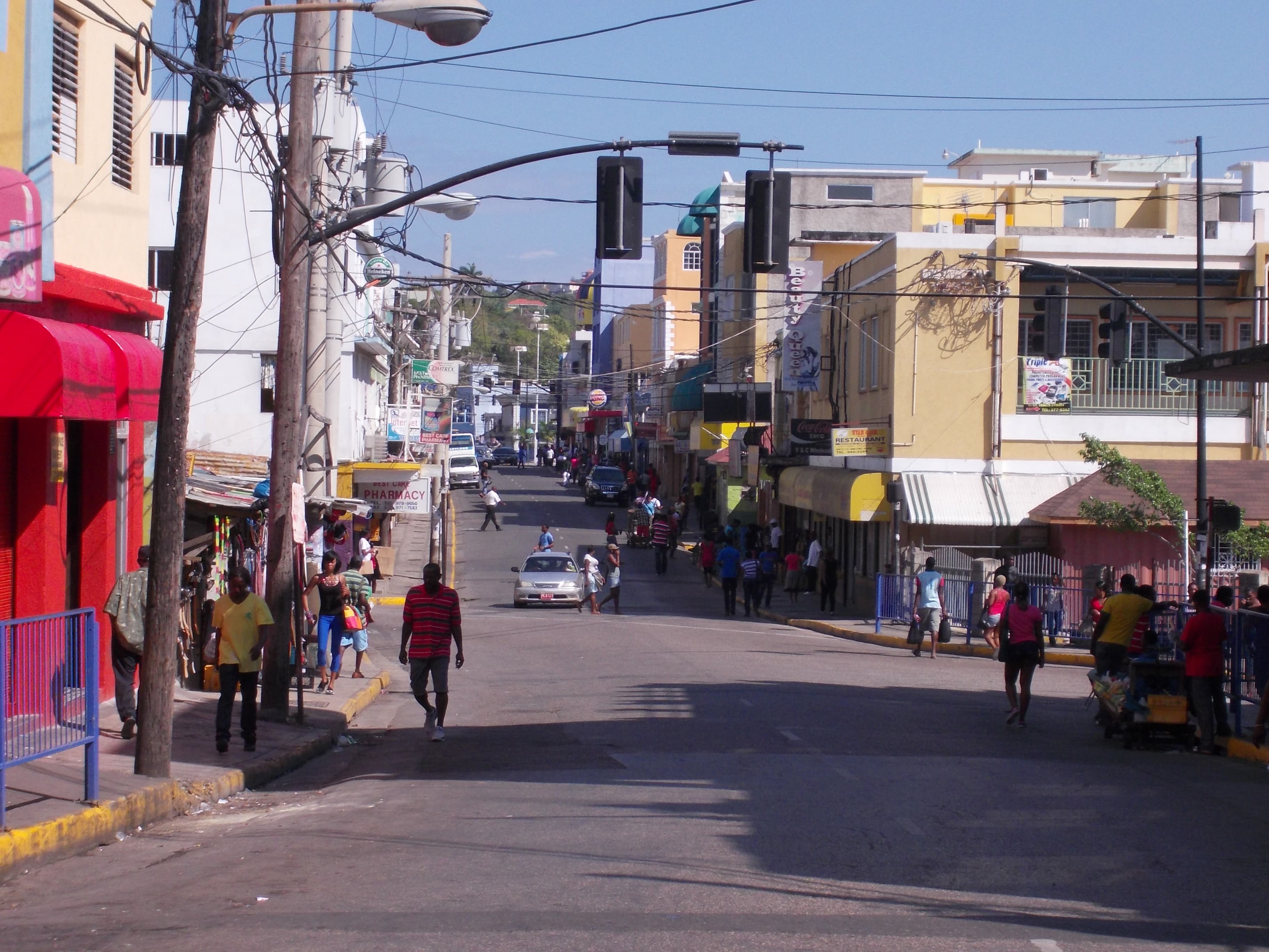 Archived Montego Bay street showing overhead wires, poles and streetlighting