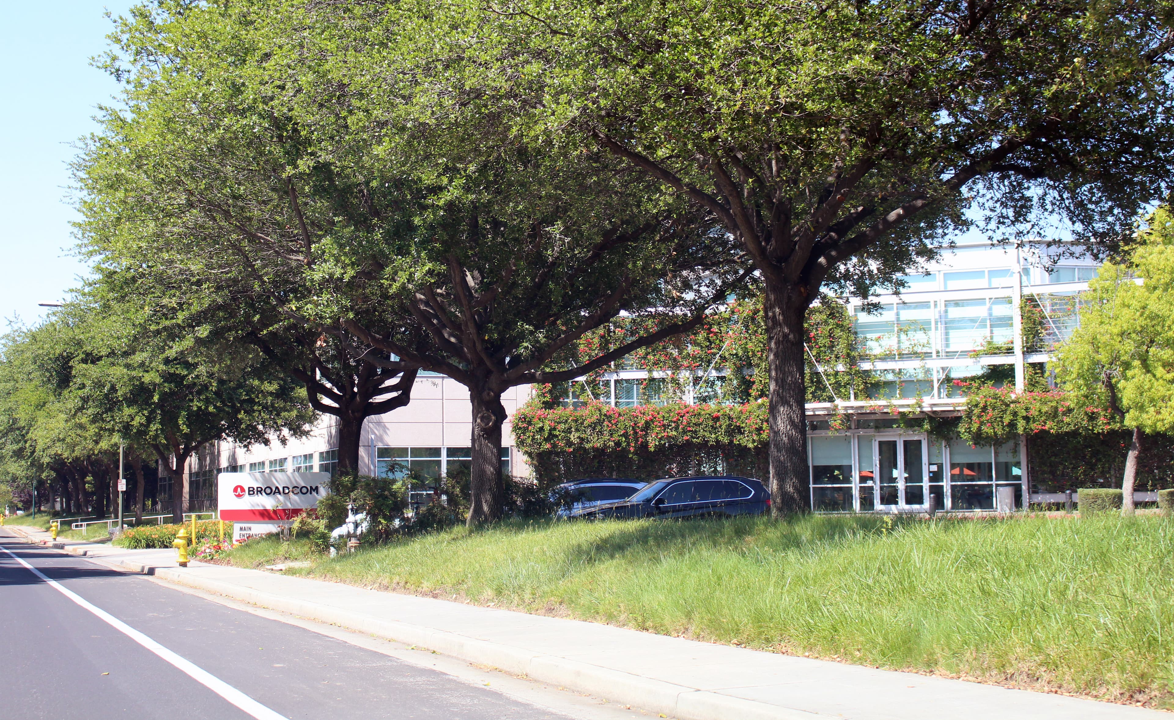 Broadcom sign and headquarters buildings in San Jose, California